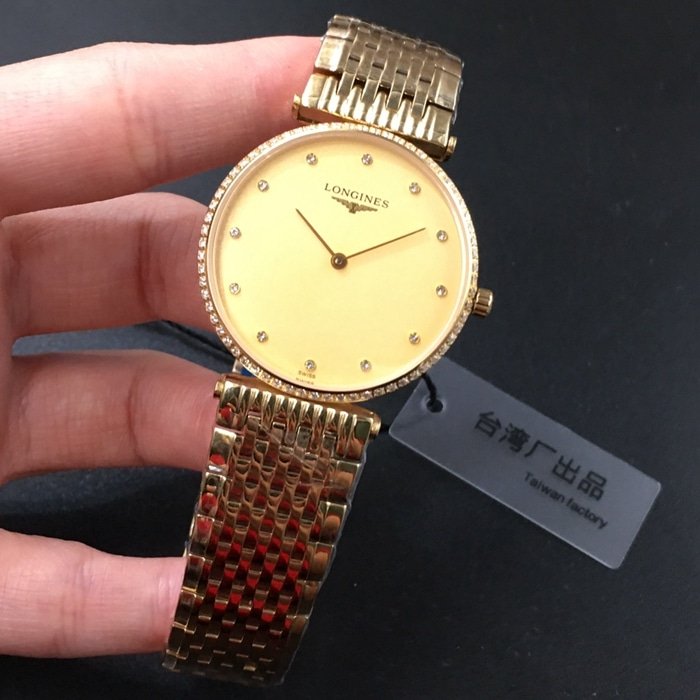 top-tier replica watch Longines couple watch gold plate gold belt Jialan series quartzsteel bracelet watch front view