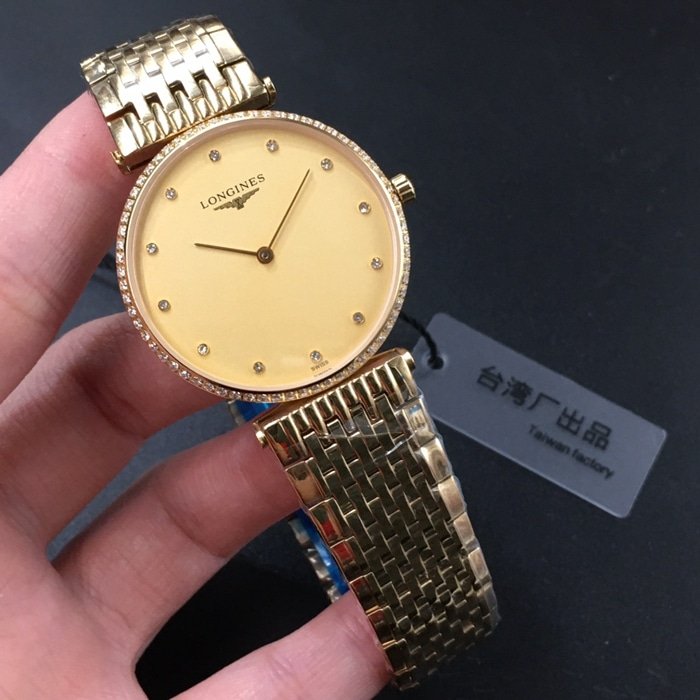 top-tier replica watch Longines couple watch gold plate gold belt Jialan series quartzsteel bracelet watch front view