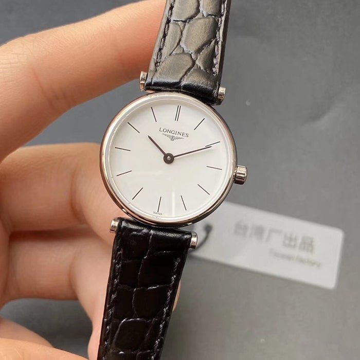 Top Replica Watches Longines Couple Pair Watch White Plate Black Strap Karan Series Simple Quartz Belt Wristwatch Front View