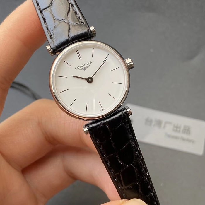 Top Replica Watches Longines Couple Pair Watch White Plate Black Strap Karan Series Simple Quartz Belt Wristwatch Front View