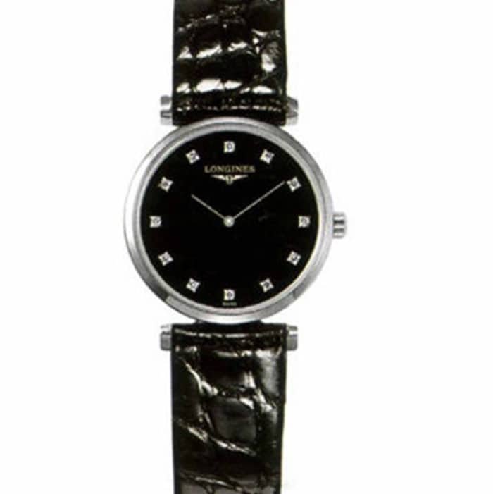 top-tier replica watch Longines couple watch black dial black belt Jialan series leather strap watch front view