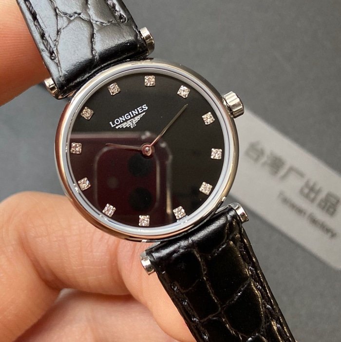 top-tier replica watch Longines couple watch black dial black belt Jialan series leather strap watch front view