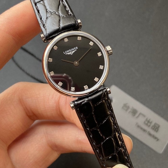 top-tier replica watch Longines couple watch black dial black belt Jialan series leather strap watch front view