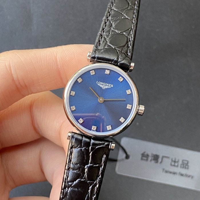 top-tier replica watch Longines couple watch blue dial black belt Jialan series leather strapquartz watch front view