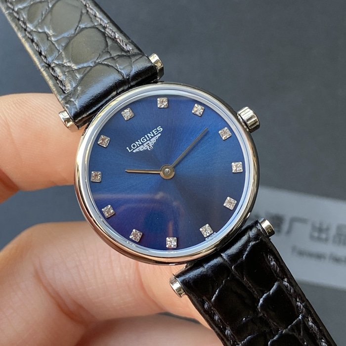 top-tier replica watch Longines couple watch blue dial black belt Jialan series leather strapquartz watch front view