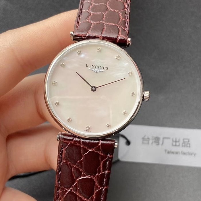 top-tier replica watch Longines couple watch white dial brown belt Jialan series leather strap watch front view