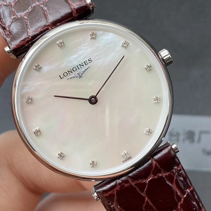 top-tier replica watch Longines couple watch white dial brown belt Jialan series leather strap watch front view