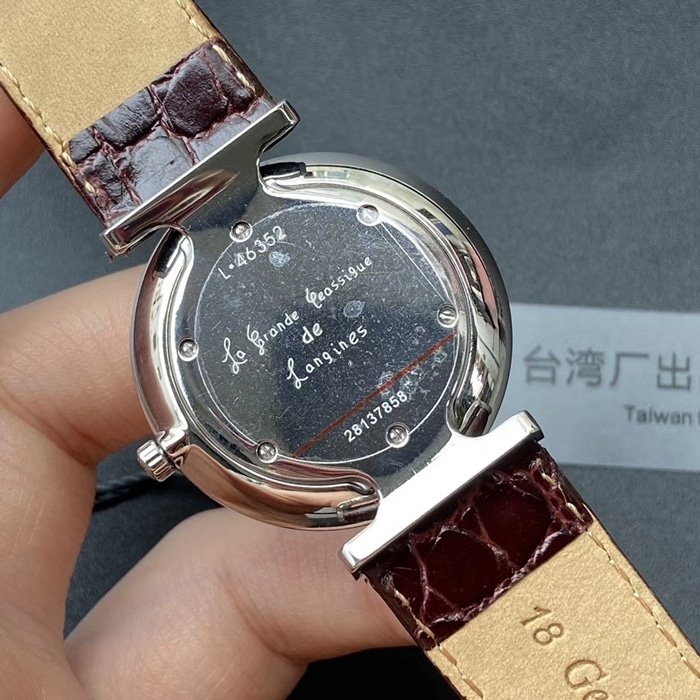 Top-tier replica watch Longines couple watch white dial brown belt Jialan series leather strap watch back cover picture