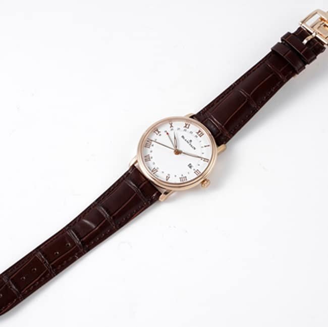 top-tier replica watch Blancpain men's white dial brown belt classic series leather strap watch front view