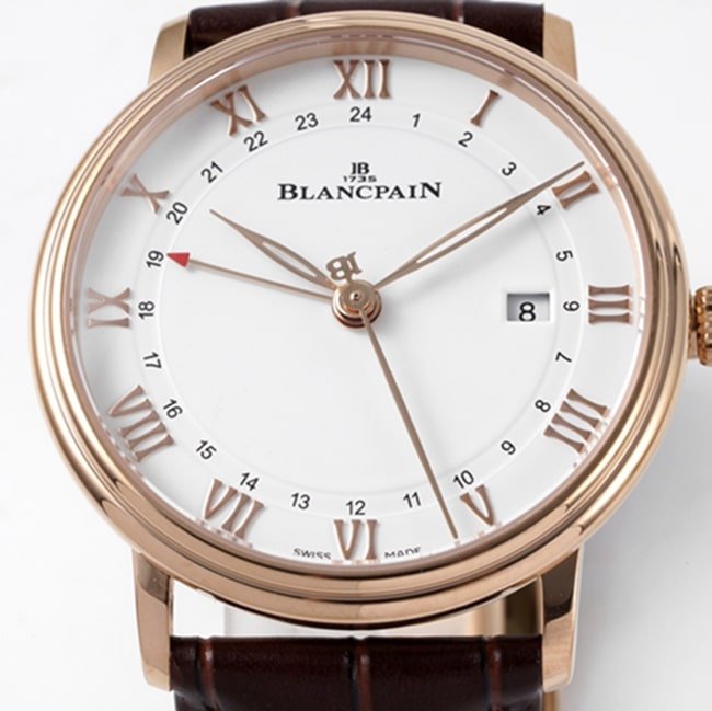 top-tier replica watch Blancpain men's white dial brown belt classic series leather strap watch front view