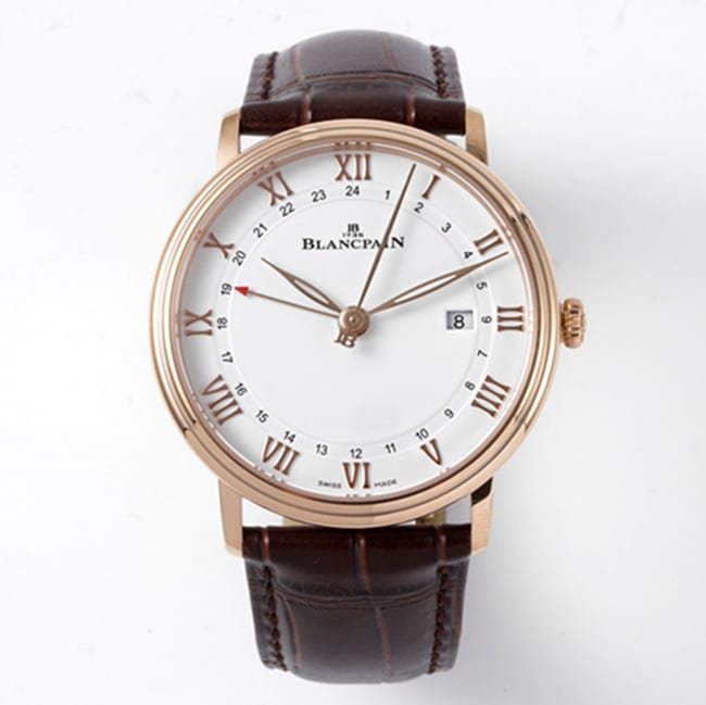 top-tier replica watch Blancpain men's white dial brown belt classic series leather strap watch front view