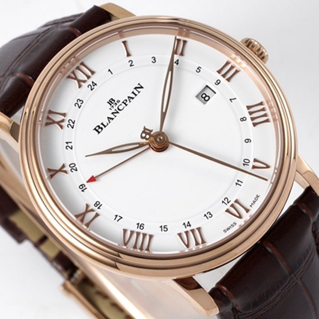 top-tier replica watch Blancpain men's white dial brown belt classic series leather strap watch front view