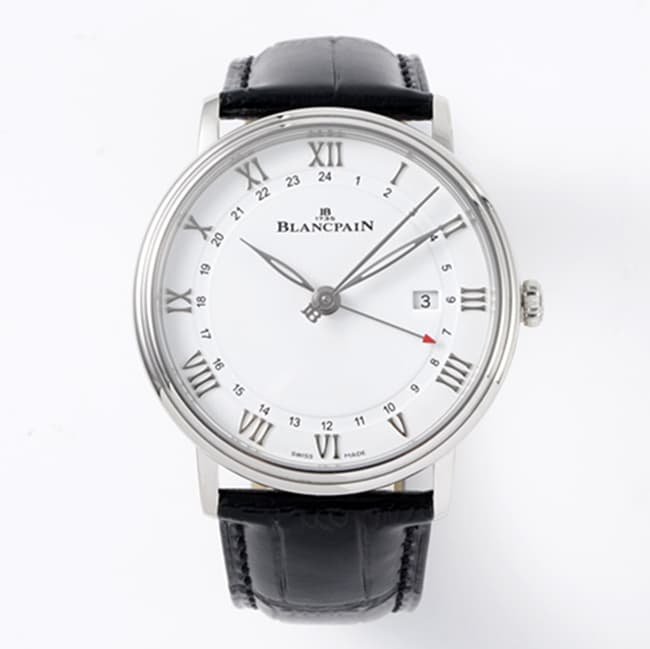 top-tier replica watch Blancpain men's white dial black belt classic series watch front view