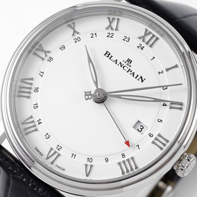 top-tier replica watch Blancpain men's white dial black belt classic series watch front view