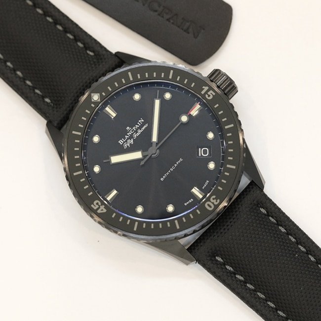 top-tier replica watch Blancpain men's blue dial nylon strap fifty fathoms automatic movement watch front view