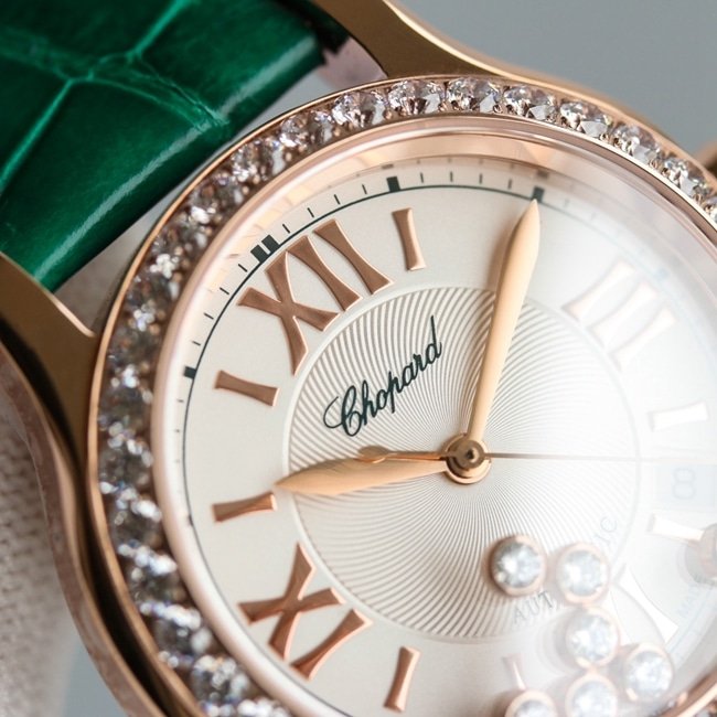 top-tier replica watch Chopard women's white dial green strap happy diamond HAPPY DIAMONDS series leather strap mechanical watch detail shots