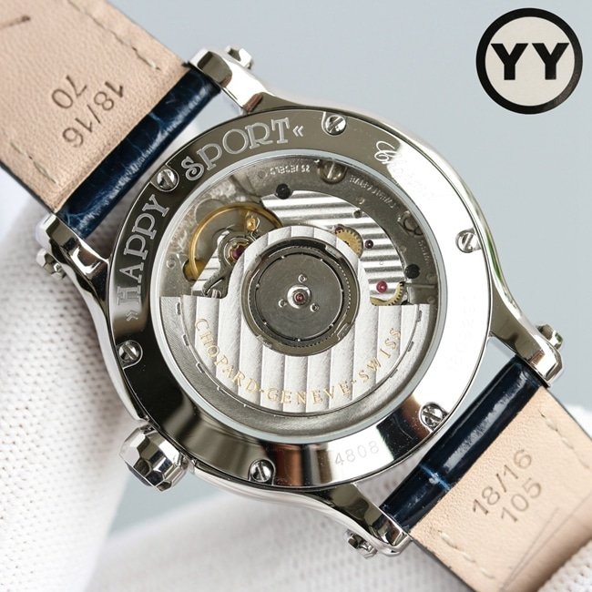 Top replica Chopard women's watch, blue dial, blue strap, Happy Diamonds series, mechanical movement diagram
