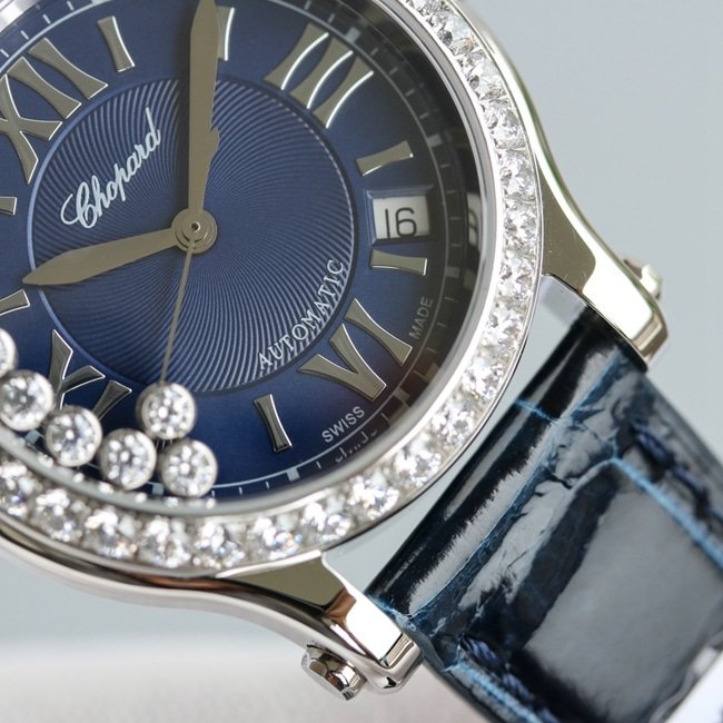 High-quality replica Chopard women's watch with blue dial, blue strap, Happy Diamonds series mechanical watch, detailed pictures