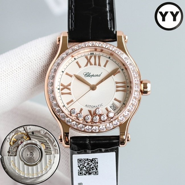Top replica Chopard women's watch with blue dial, blue strap, Happy Diamonds series, mechanical watch, front view