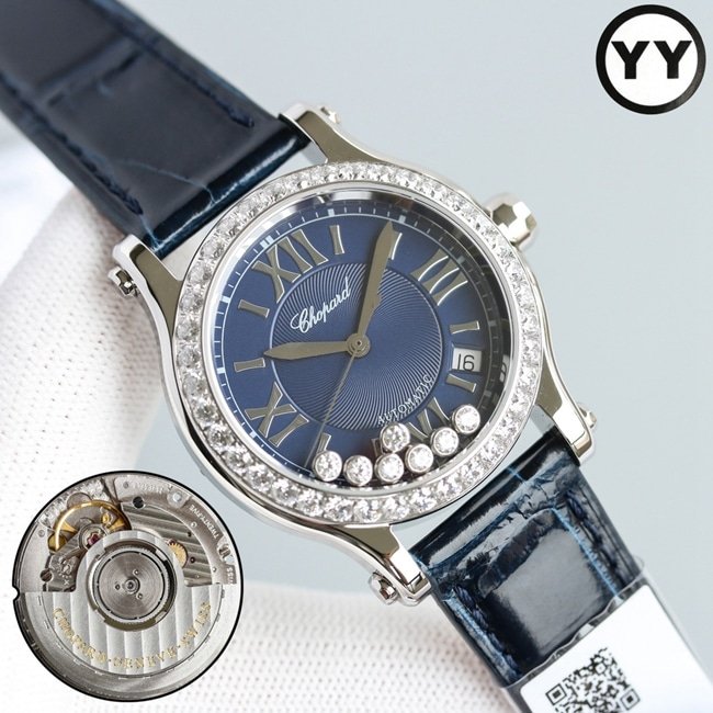 Top replica Chopard women's watch with blue dial, blue strap, Happy Diamonds series, mechanical watch, front view