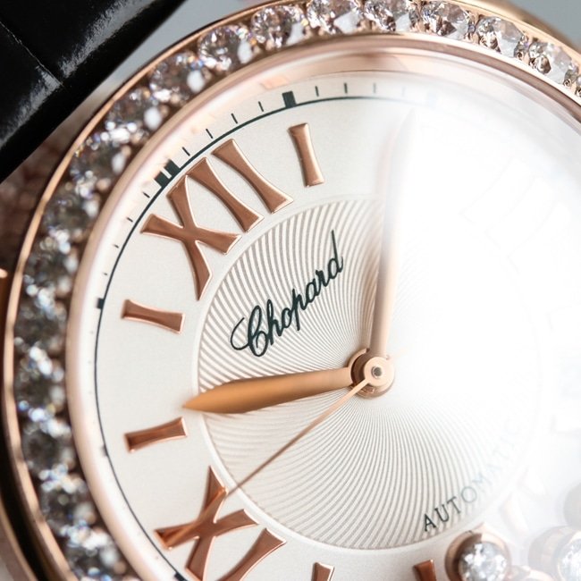 High-quality replica Chopard women's watch with blue dial, blue strap, Happy Diamonds series mechanical watch, detailed pictures