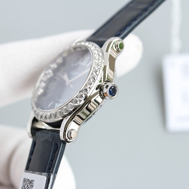 Top replica Chopard women's watch, blue dial, blue strap, Happy Diamonds series, mechanical watch, side view