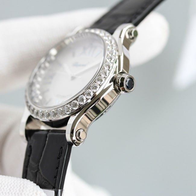 top-tier replica watch Chopard women's white dial black belt happy diamond HAPPY DIAMONDS series leather strap mechanical watch side view