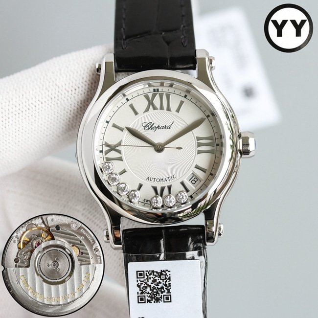 top-tier replica watch Chopard women's white dial black belt happy diamond HAPPY DIAMONDS series leather strap mechanical watch front view