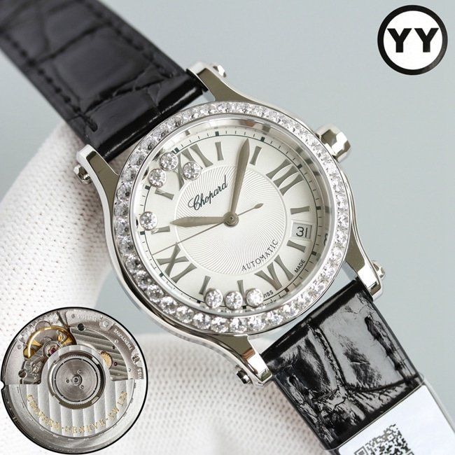 top-tier replica watch Chopard women's white dial black belt happy diamond HAPPY DIAMONDS series leather strap mechanical watch front view