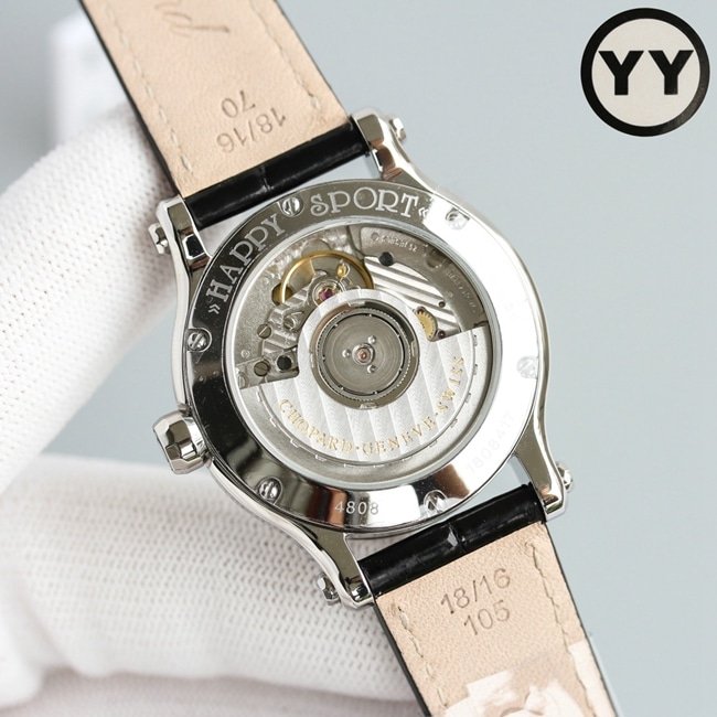 top-tier replica watch Chopard women's white dial black belt happy diamond HAPPY DIAMONDS series leather strap mechanical watch movement picture