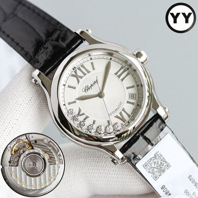 top-tier replica watch Chopard women's white dial black belt happy diamond HAPPY DIAMONDS series leather strap mechanical watch front view