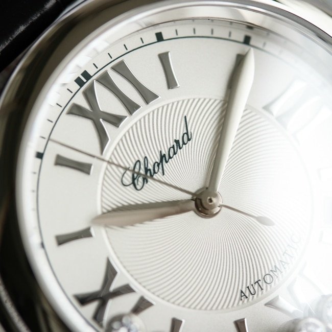 top-tier replica watch Chopard women's white dial black belt happy diamond HAPPY DIAMONDS series leather strap mechanical watch detail shots