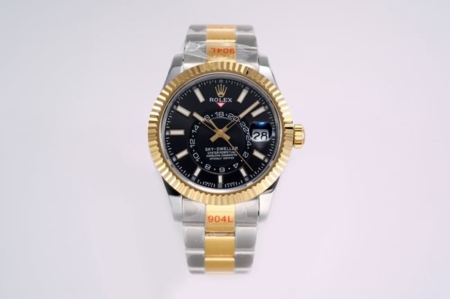Top-tier replica Rolex men's black dial gold belt Navigator series automatic movement watch front view