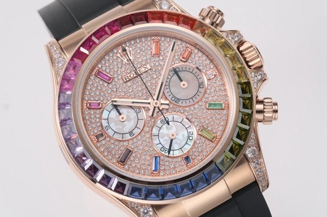top-tier replicaRolex men's gold plate rubber strap new rainbow di automatic movement watch front view