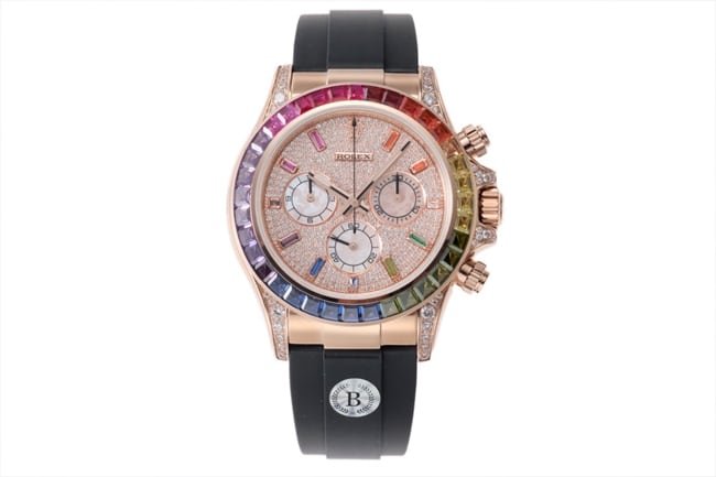 top-tier replicaRolex men's gold plate rubber strap new rainbow di automatic movement watch front view