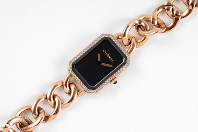 top-tier replicaChanel women's black dialrose gold with Premiere series steel braceletquartz watch front view