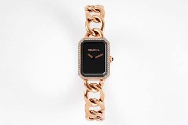 top-tier replicaChanel women's black dialrose gold with Premiere series steel braceletquartz watch front view