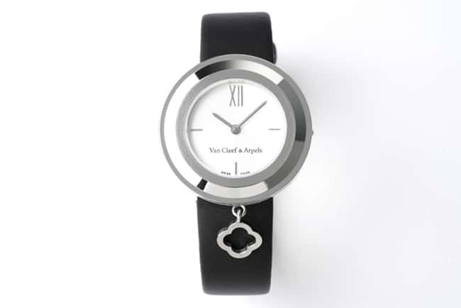 top-tier replica Van Cleef & Arpels women's white dial black belt quartzleather strap watch front view