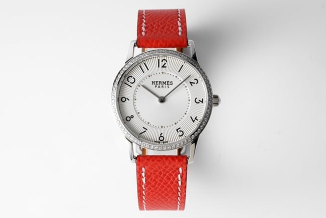 top-tier replica Hermès Slim d’Hermes women’s white dial red band quartz watch front view