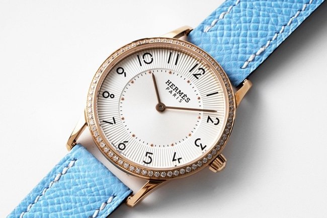 top-tier replica Hermes Slim d’Hermes women’s white dial blue band quartzleather strap watch front view