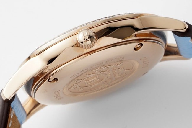 top-tier replica Hermes Slim d’Hermes women’s white dial blue band quartzleather strap watch side view