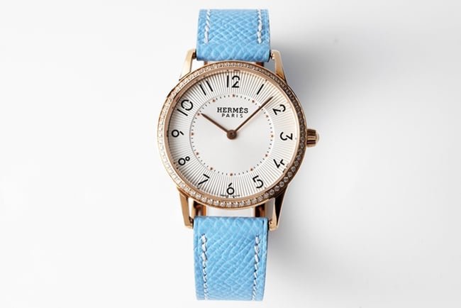 top-tier replica Hermes Slim d’Hermes women’s white dial blue band quartzleather strap watch front view