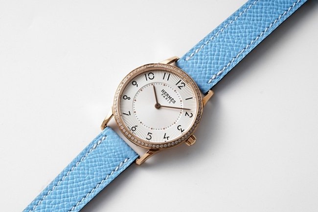 top-tier replica Hermes Slim d’Hermes women’s white dial blue band quartzleather strap watch front view