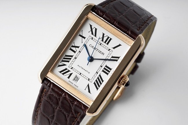 AF Factorytop-tier replicaCartier men's white dial brown belt tank series mechanical watch front view