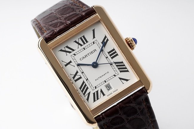 AF Factorytop-tier replicaCartier men's white dial brown belt tank series mechanical watch front view