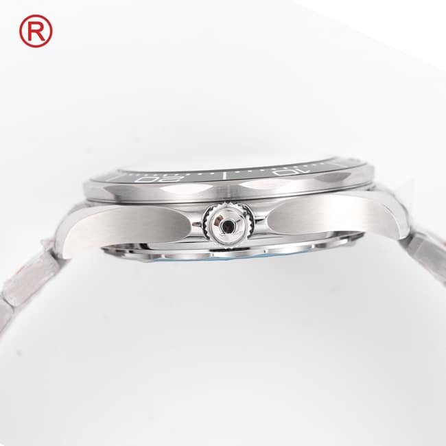 Top Replica Omega Men's Black Plate Steel Strap Seamaster 300M Automatic Mechanical Watch Side View