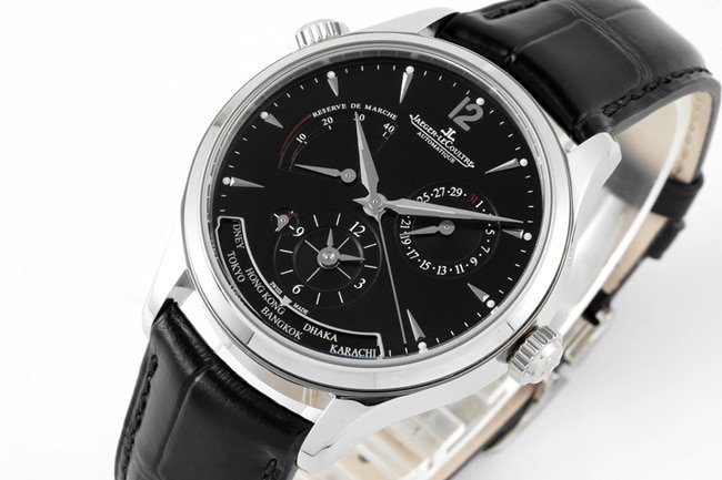 ZF factory top replica Jaeger-LeCoultre super a watch men's black disk black belt mechanical geographer Q1428421 series belt watch front view