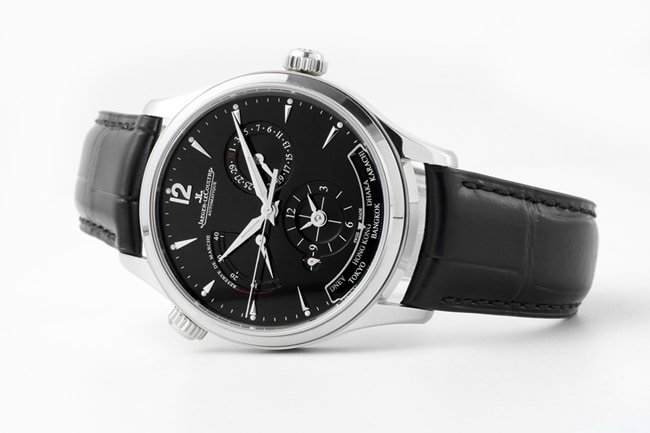 ZF factory top replica Jaeger-LeCoultre super a watch men's black disk black belt mechanical geographer Q1428421 series belt watch front view
