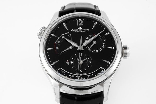 ZF factory top replica Jaeger-LeCoultre super a watch men's black disk black belt mechanical geographer Q1428421 series belt watch front view