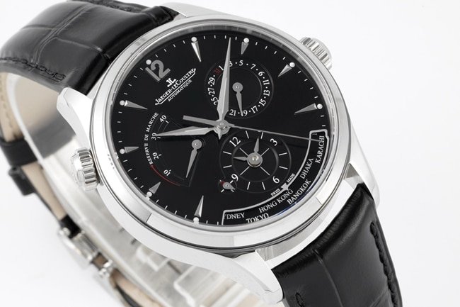 ZF factory top replica Jaeger-LeCoultre super a watch men's black disk black belt mechanical geographer Q1428421 series belt watch front view
